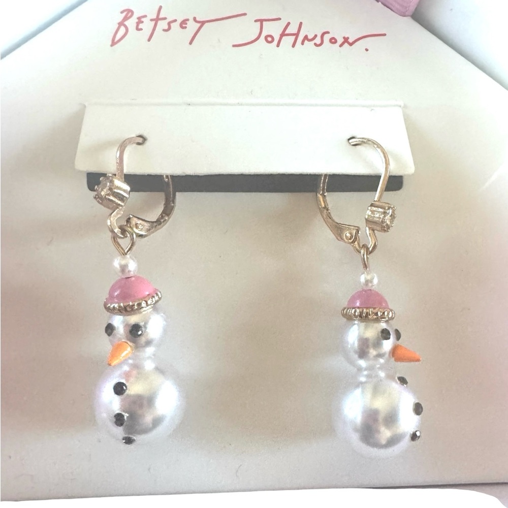 Betsey Johnson Pearl Snowman Earrings with Pink Hat, NIB
